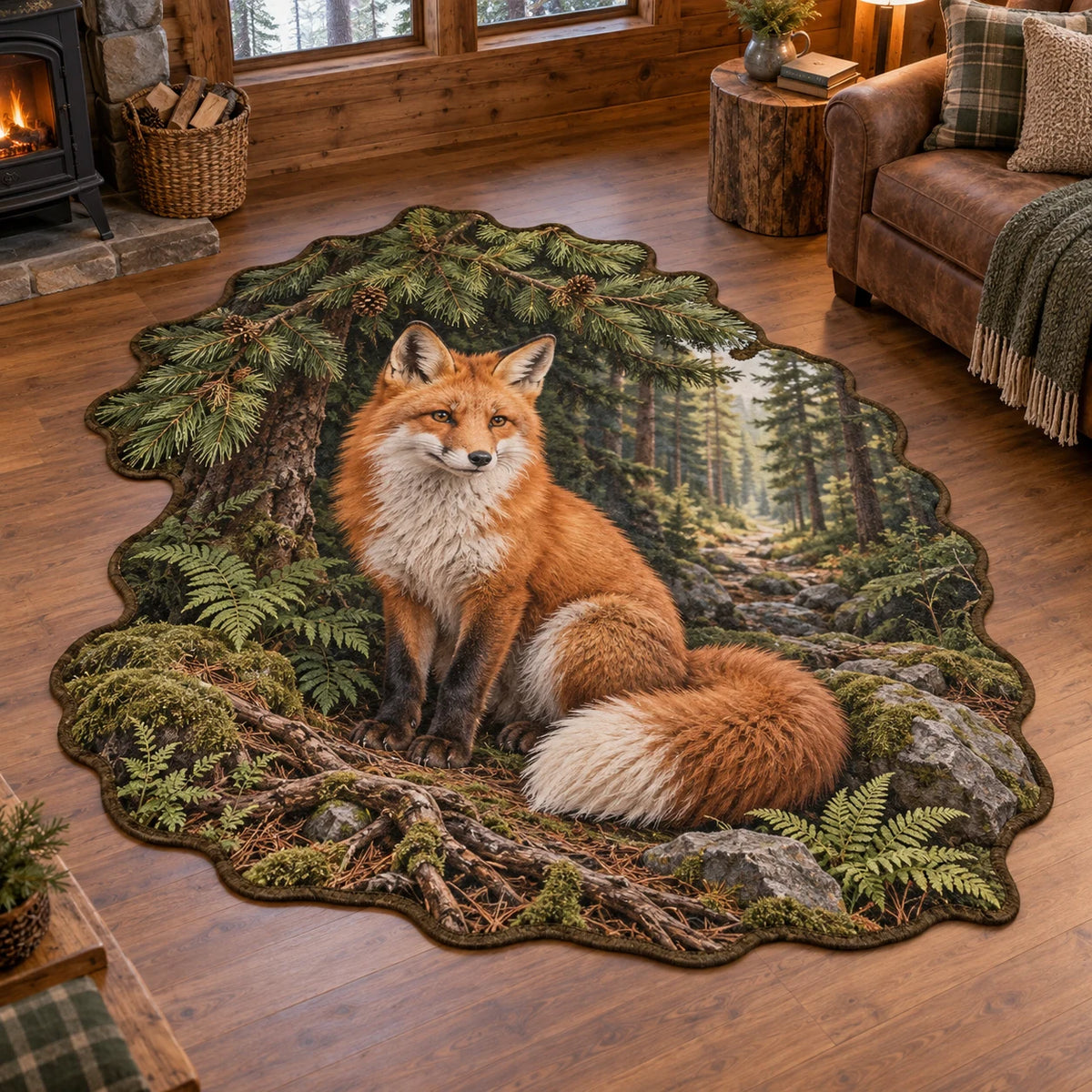 Custom Shape Area Rug with a red fox beneath pine branches, white-tipped tail, moss, ferns and gray stones.