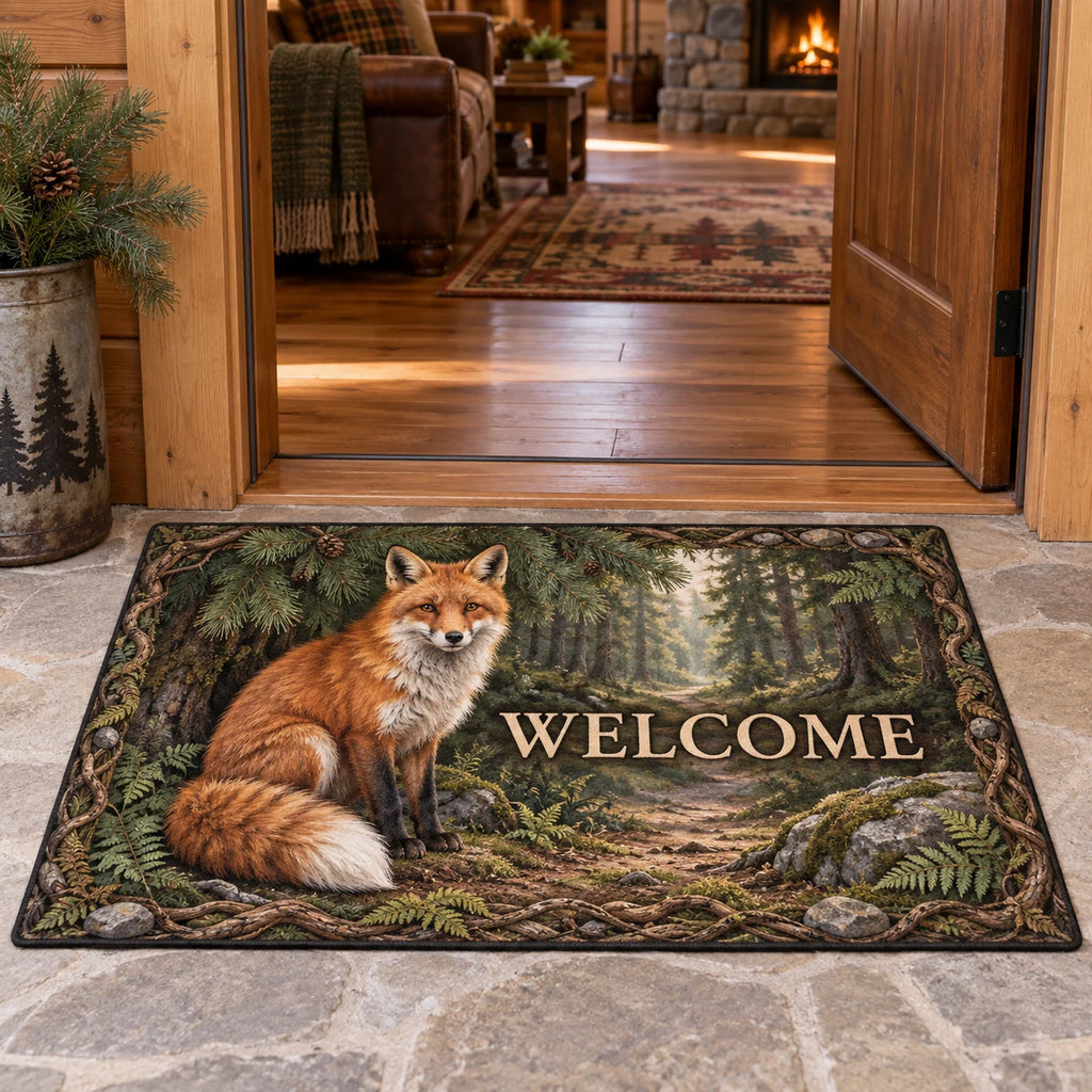 Doormat with a red fox beneath pine branches, white-tipped tail, moss, ferns and gray stones beside WELCOME lettering.