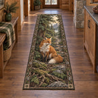 Runner Rug with a red fox beneath pine branches, white-tipped tail, moss, ferns and gray stones.