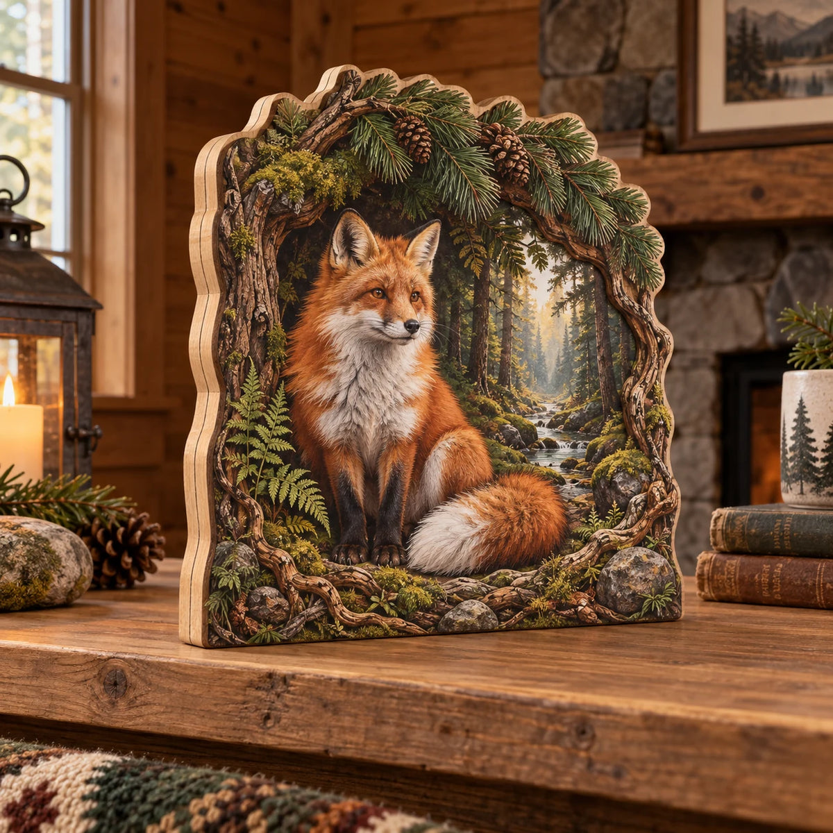 Three-layer wooden block with red fox, white-tipped tail and pine forest framed by roots, ferns and stones.