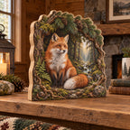 Three-layer wooden block with red fox, white-tipped tail and pine forest framed by roots, ferns and stones.