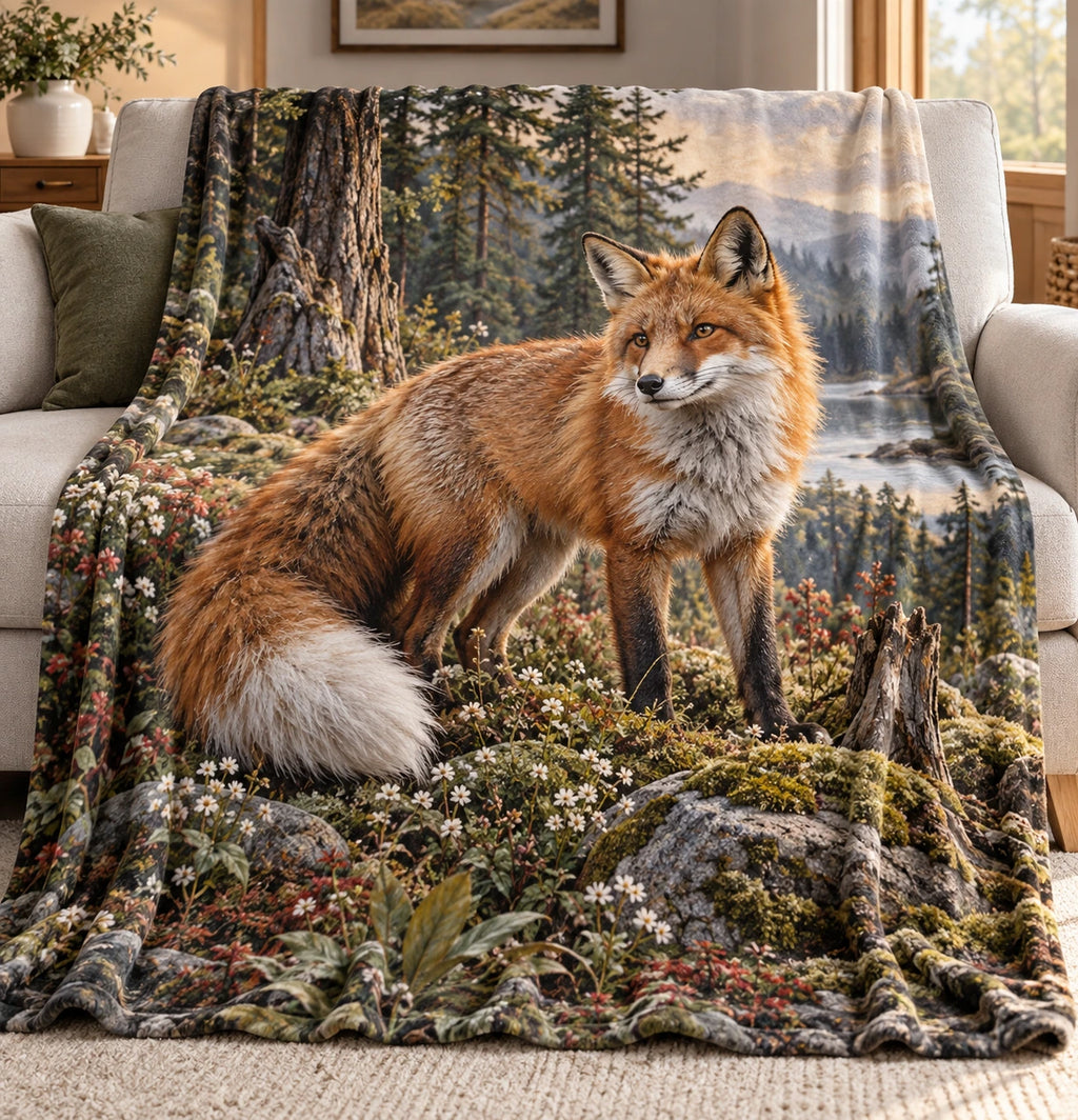 Red Fox Wildflower Meadow Fleece Blanket with printed dimensional artwork