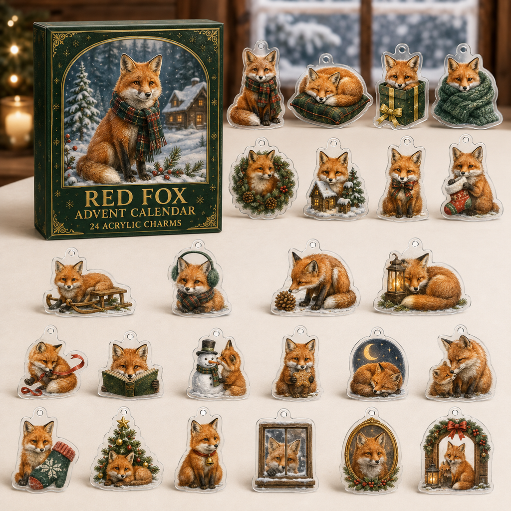 Red Fox advent calendar box and full set of 24 illustrated acrylic charms on a light tabletop