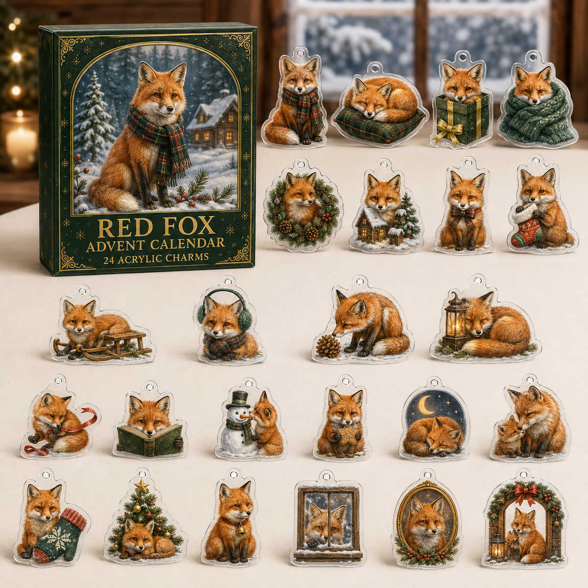 Red Fox advent calendar box and full set of 24 illustrated acrylic charms on a light tabletop