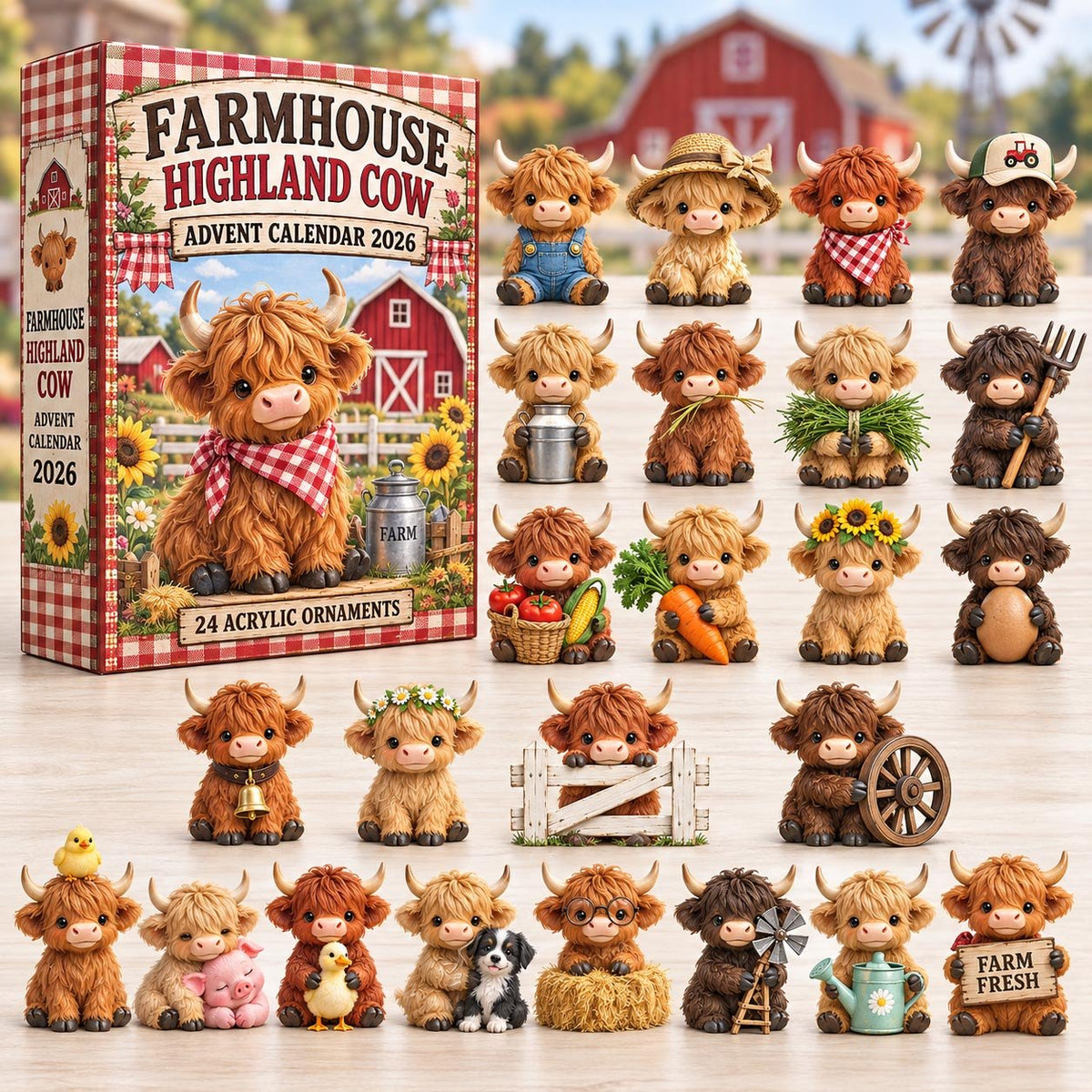 Red Gingham Farmhouse Highland Cow advent calendar