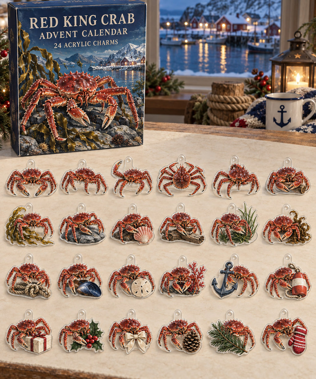 Red King Crab advent calendar with 24 custom-shaped flat acrylic charms and printed dimensional artwork