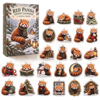 Red Panda advent calendar box and full set of 24 illustrated acrylic charms on a light tabletop