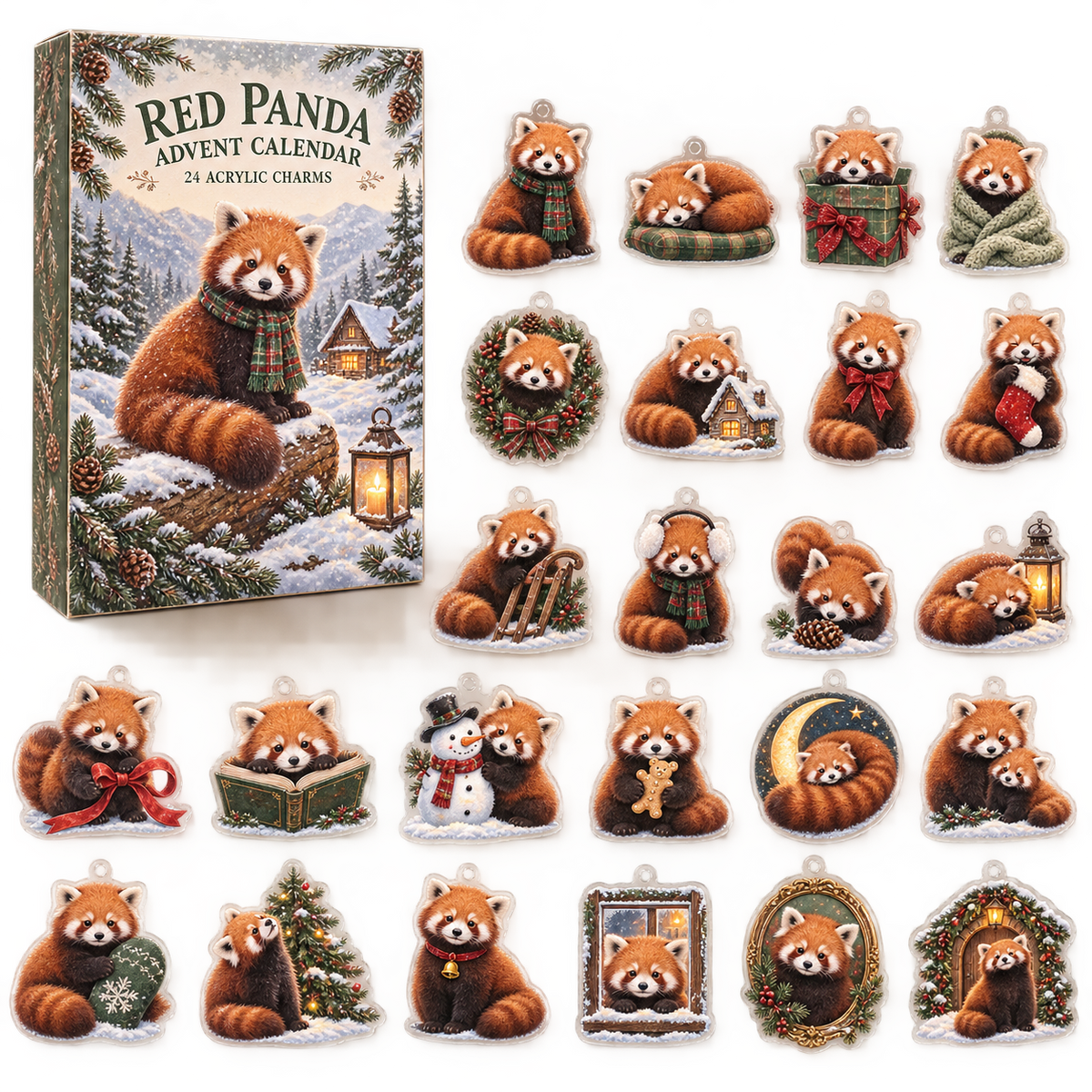 Red Panda advent calendar box and full set of 24 illustrated acrylic charms on a light tabletop
