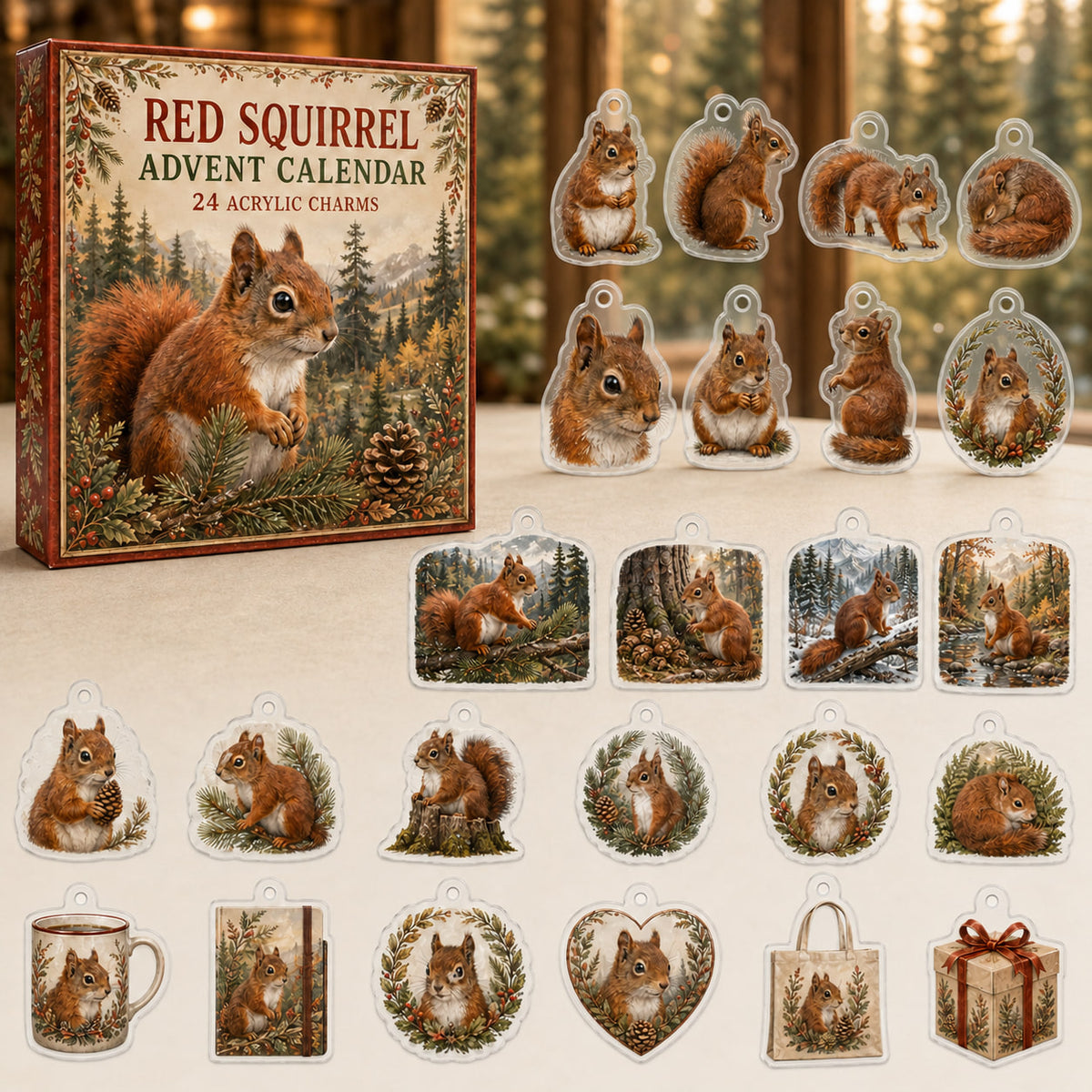 Red Squirrel advent calendar box with 24 themed flat printed acrylic charms