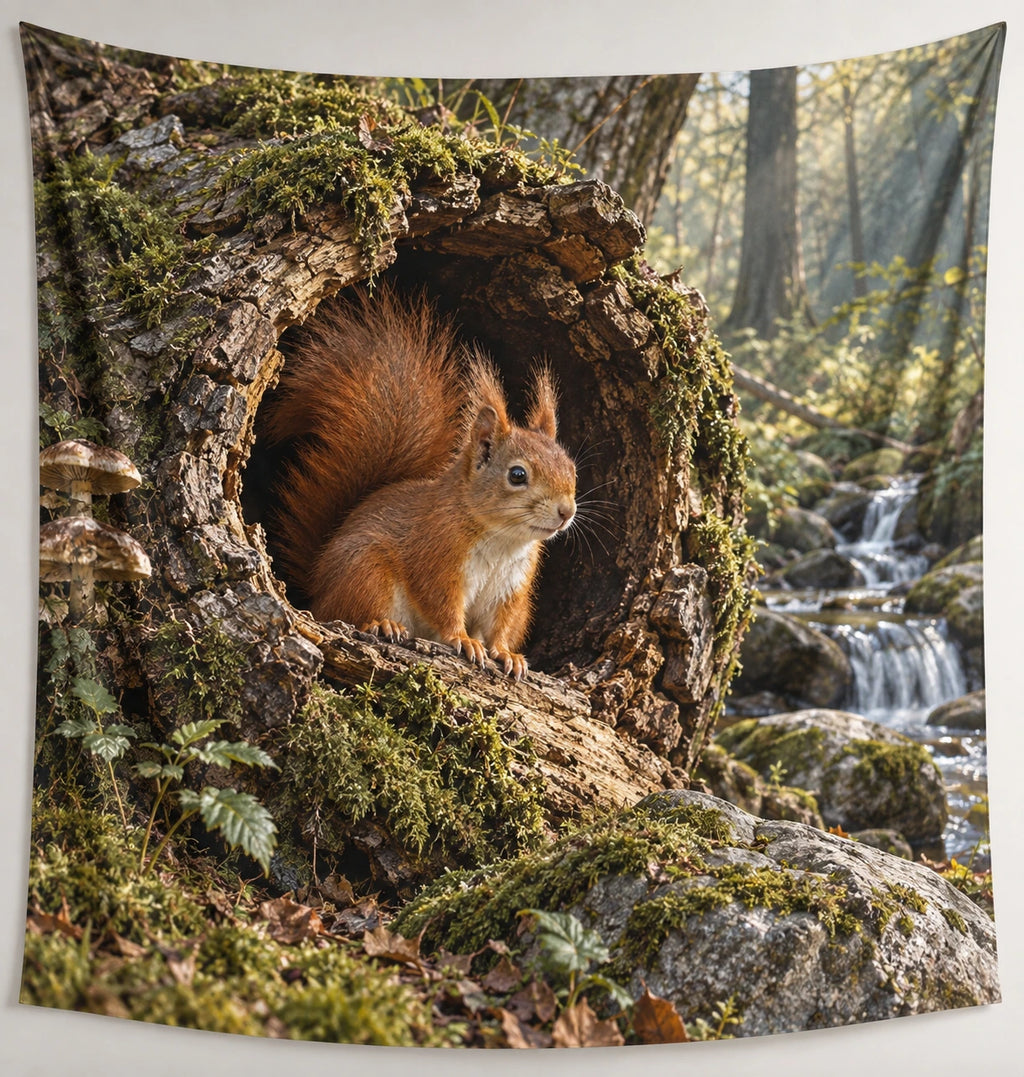Red Squirrel Hollow Tree Wall Tapestry with printed dimensional artwork