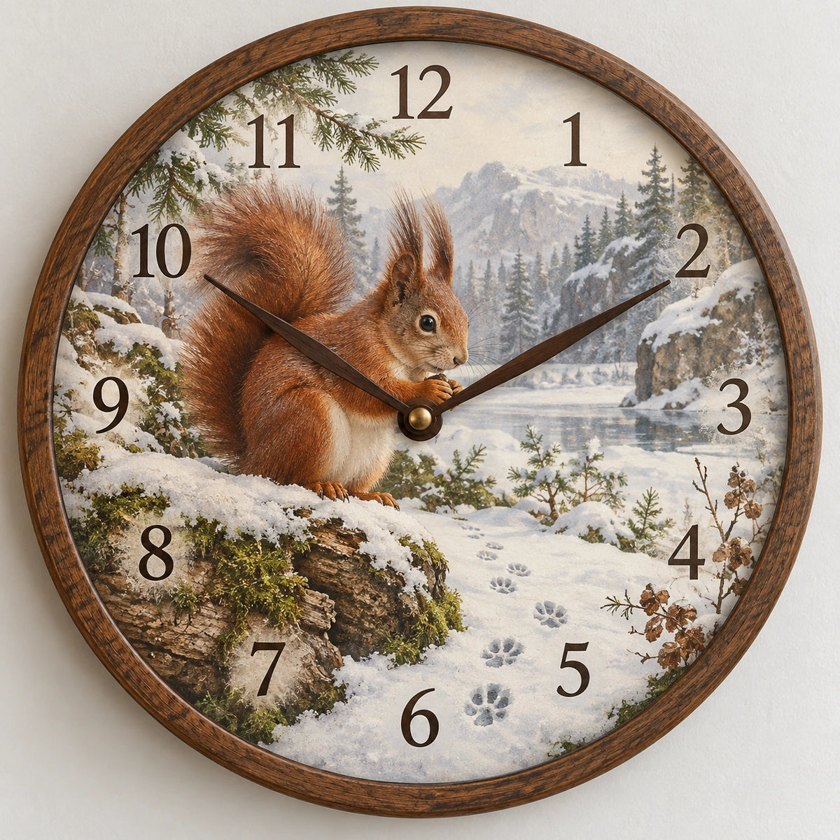 Red Squirrel Snowy Footprints Wooden Wall Clock with printed dimensional artwork