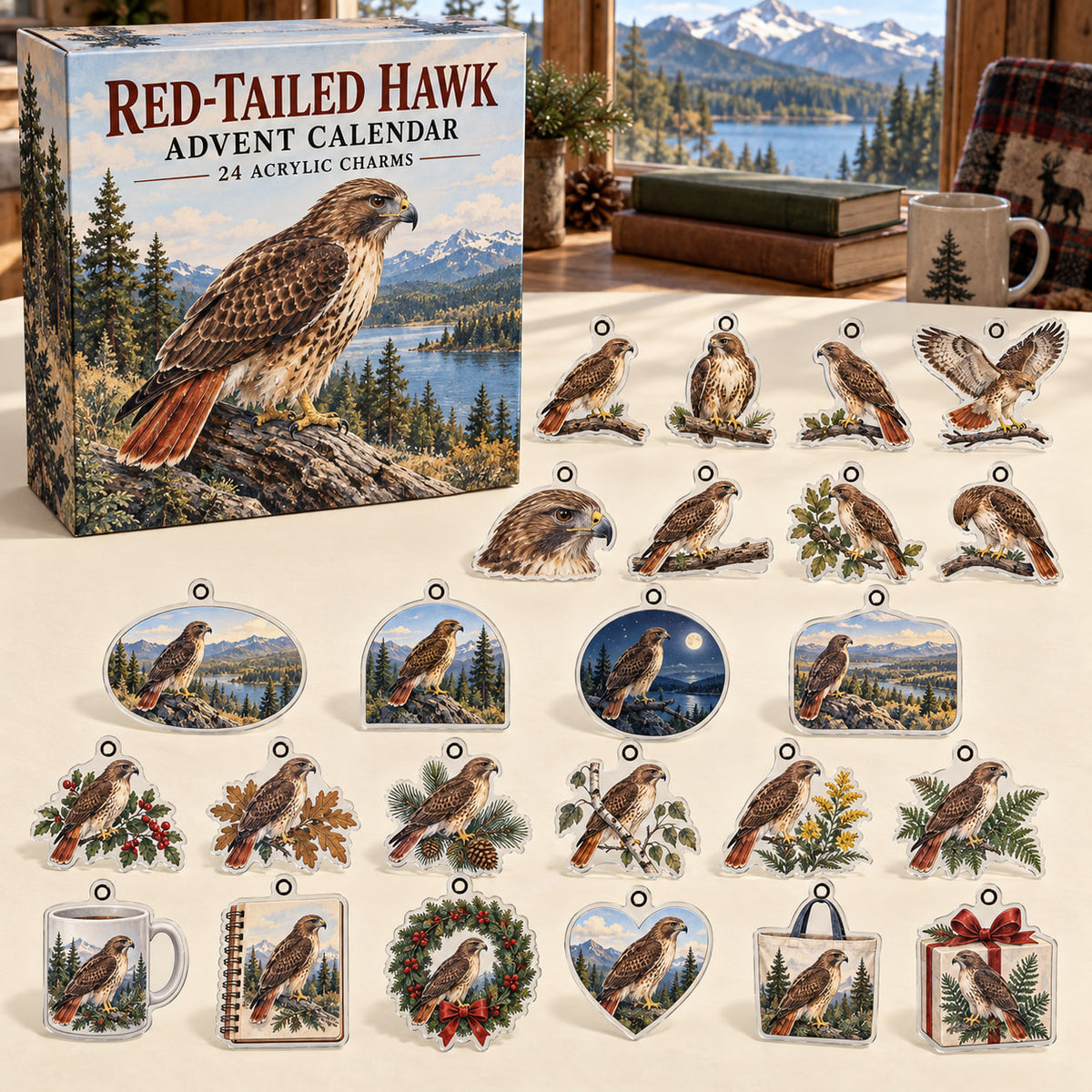 Red-Tailed Hawk advent calendar box with 24 themed flat printed acrylic charms