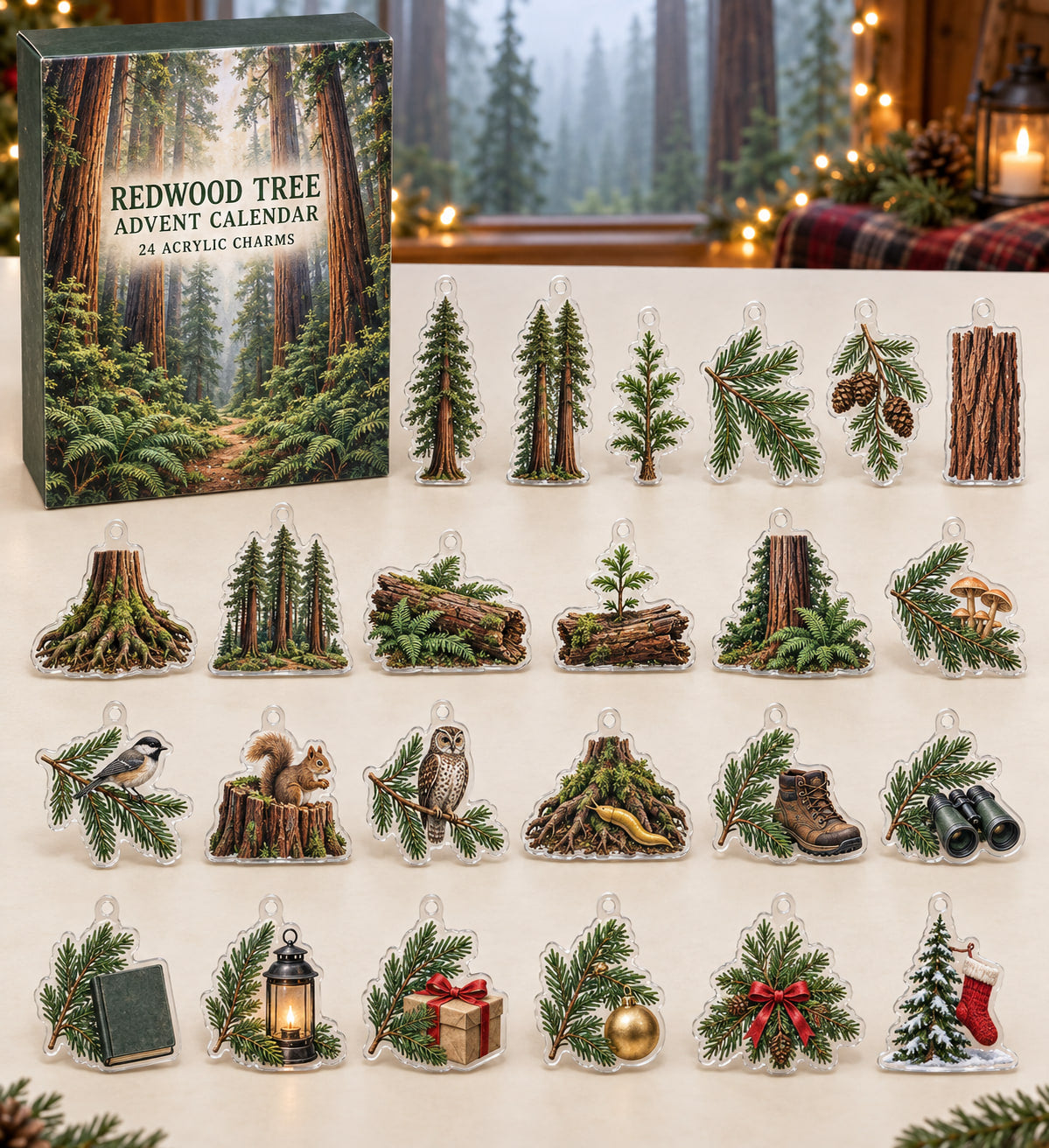 Redwood Tree advent calendar with 24 custom-shaped flat acrylic charms and printed dimensional artwork