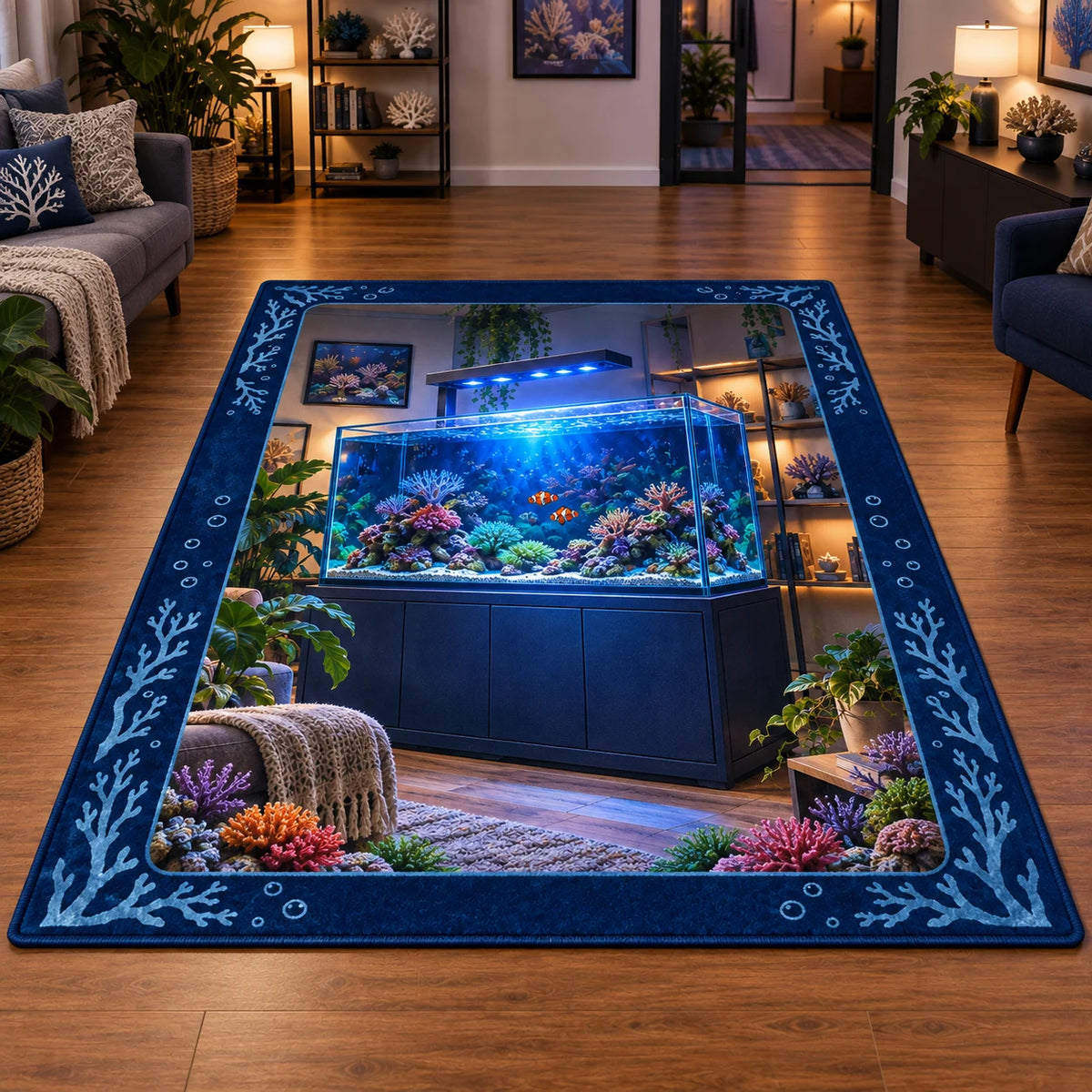 Reef Aquarium Hobby Room Area Rug with printed optical 3D artwork