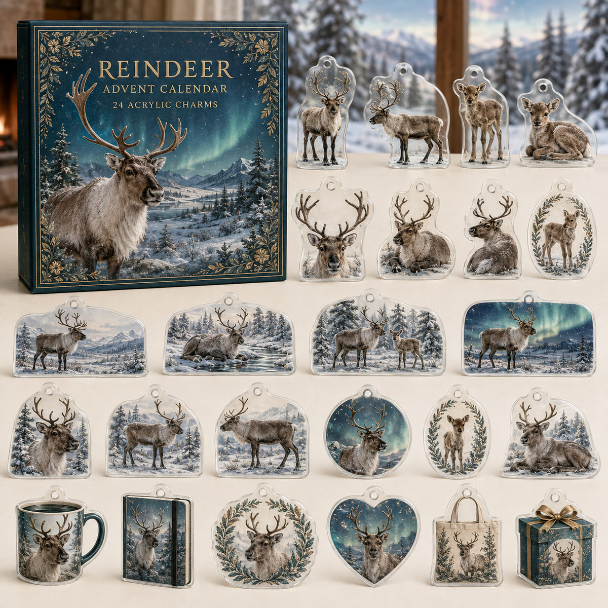 Reindeer advent calendar box with 24 themed flat printed acrylic charms