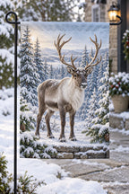 Reindeer Fir Forest Garden Flag with printed winter depth on polyester and top sleeve, displayed in snowy garden; stand not included.