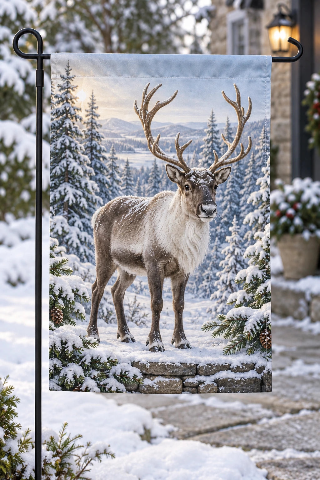 Reindeer Fir Forest Garden Flag with printed winter depth on polyester and top sleeve, displayed in snowy garden; stand not included.