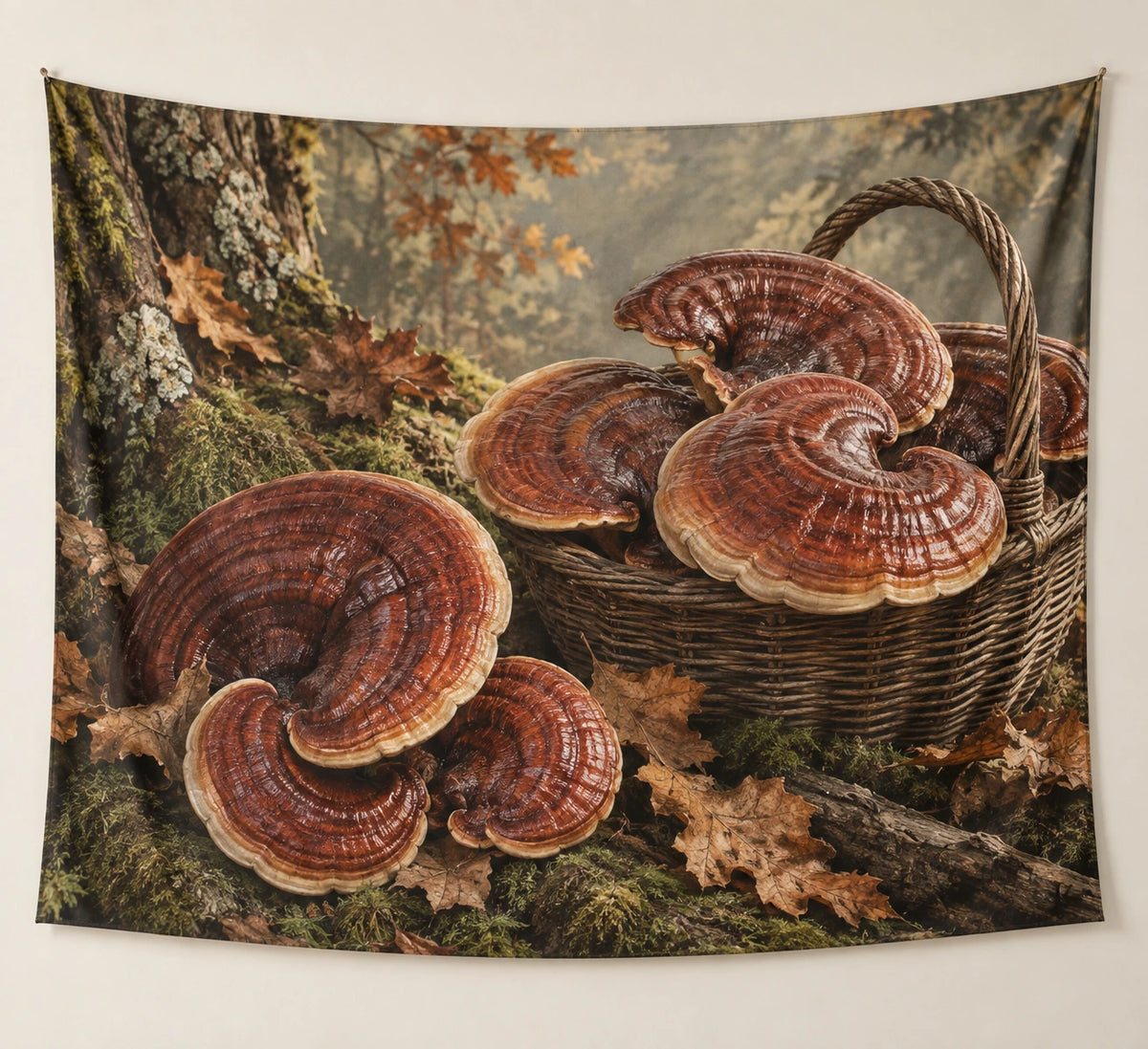 Reishi Autumn Basket Wall Tapestry with printed dimensional artwork