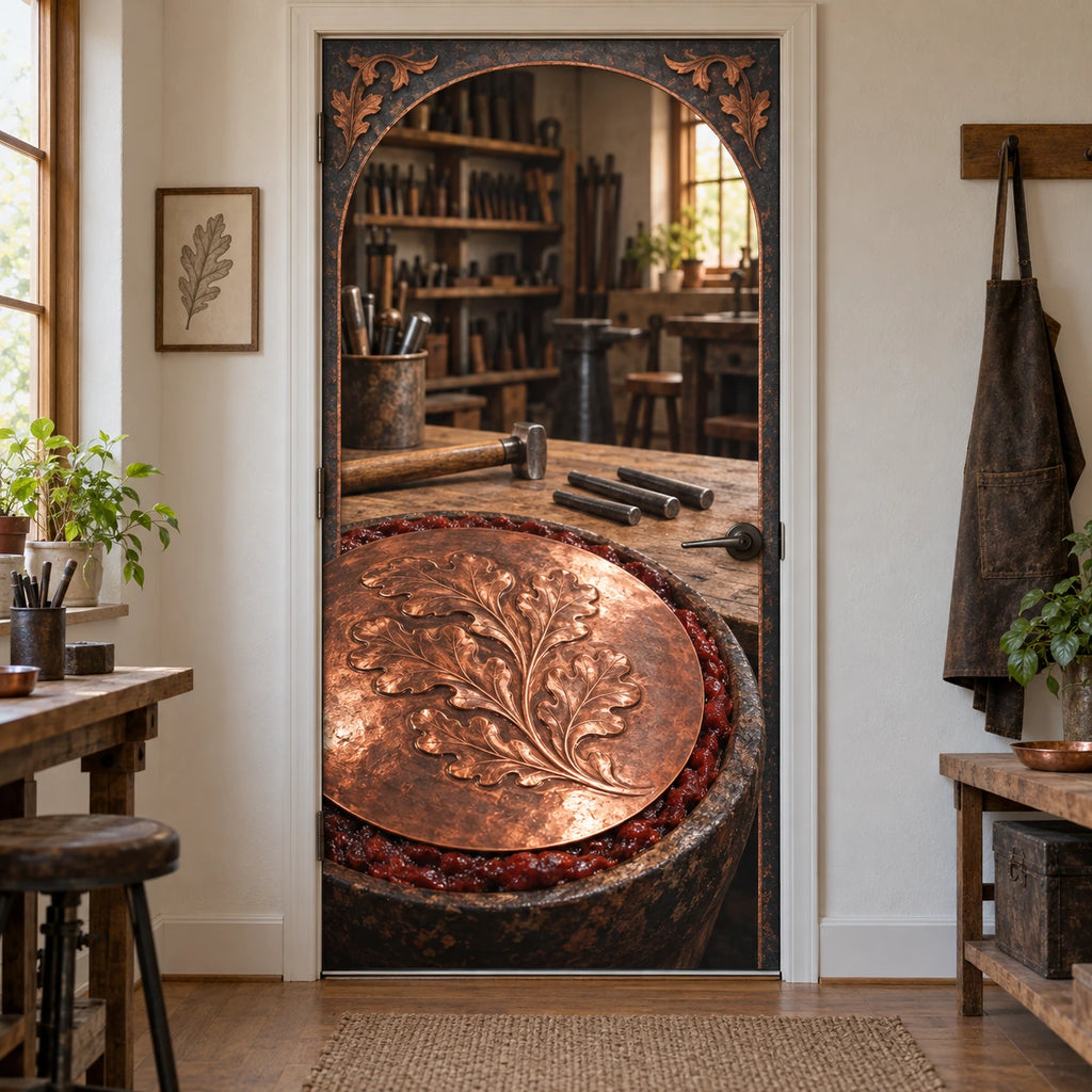 Repousse Copper Studio Fabric Door Cover with original printed optical 3D artwork