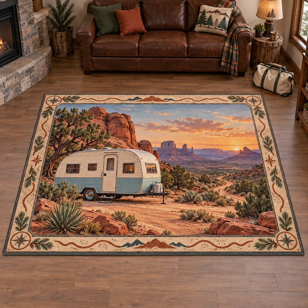 Rectangular rug showing cream-blue travel trailer, red-rock campsite, winding track and compass border.