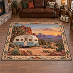 Rectangular rug showing cream-blue travel trailer, red-rock campsite, winding track and compass border.
