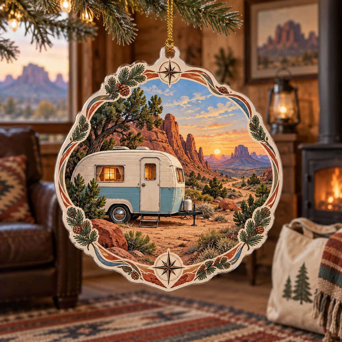 Flat acrylic ornament with retro camper, desert sunset, evergreen compass frame and gold cord.