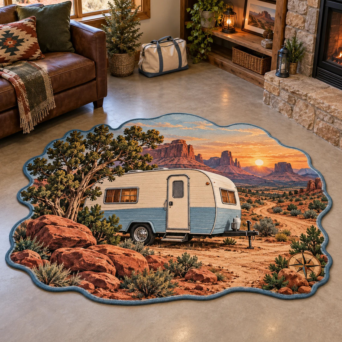 Retro Camper Desert Stop Custom Shape Area Rug with printed 3D red-rock desert and sunset mesas in a matching lifestyle setting.
