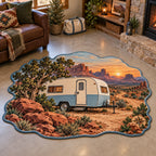Retro Camper Desert Stop Custom Shape Area Rug with printed 3D red-rock desert and sunset mesas in a matching lifestyle setting.