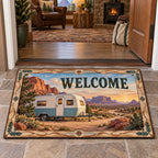 WELCOME doormat with retro camper, red-rock desert track and compass-and-sprig border.