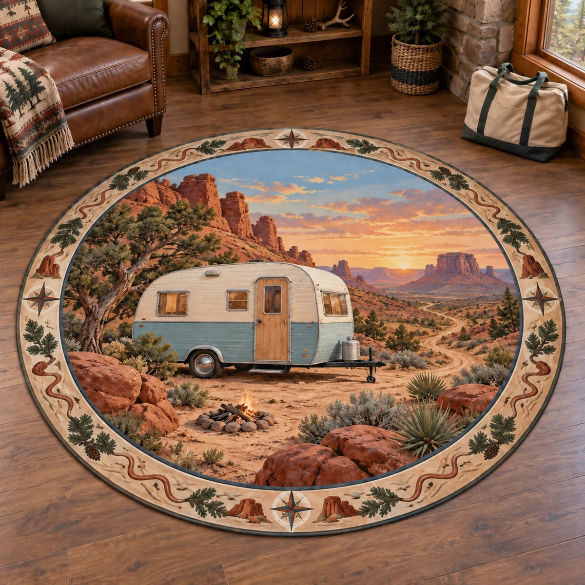Round rug with cream-blue camper, red-rock desert campsite and compass-and-trail border.