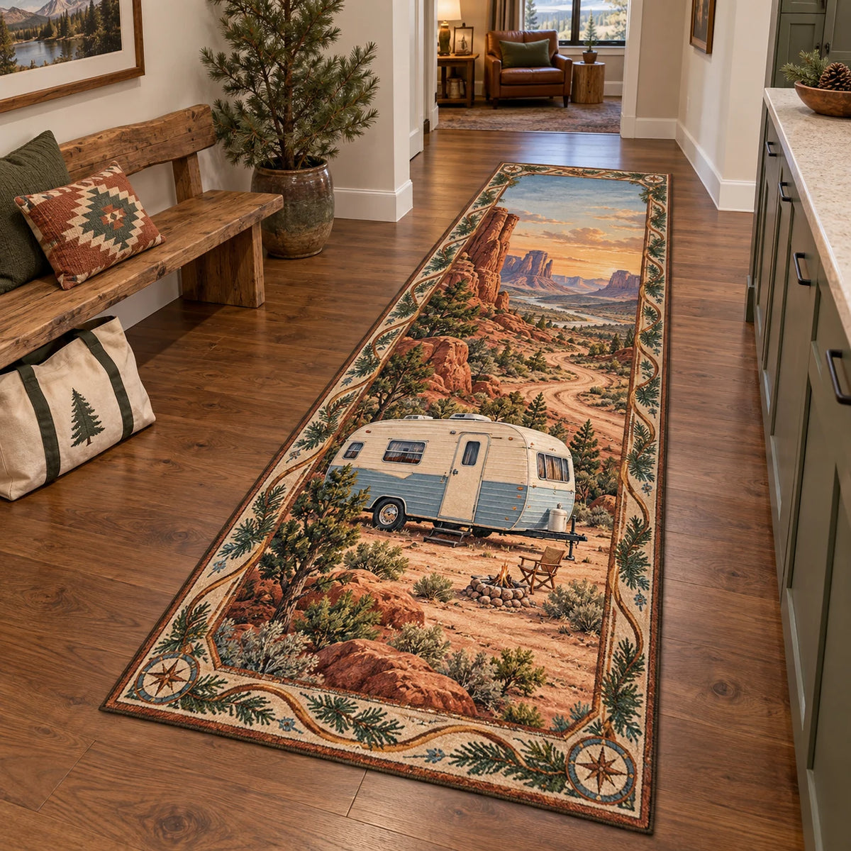 Long runner with retro camper, desert campsite, winding road and evergreen compass borders.
