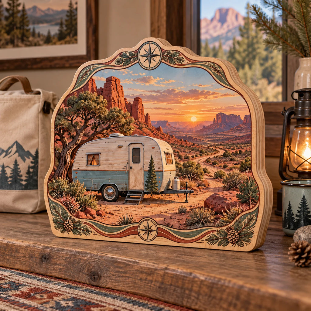 Retro Camper Desert Stop Wooden Block 3 Layer with printed 3D red-rock desert and sunset mesas in a matching lifestyle setting.