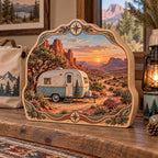 Retro Camper Desert Stop Wooden Block 3 Layer with printed 3D red-rock desert and sunset mesas in a matching lifestyle setting.