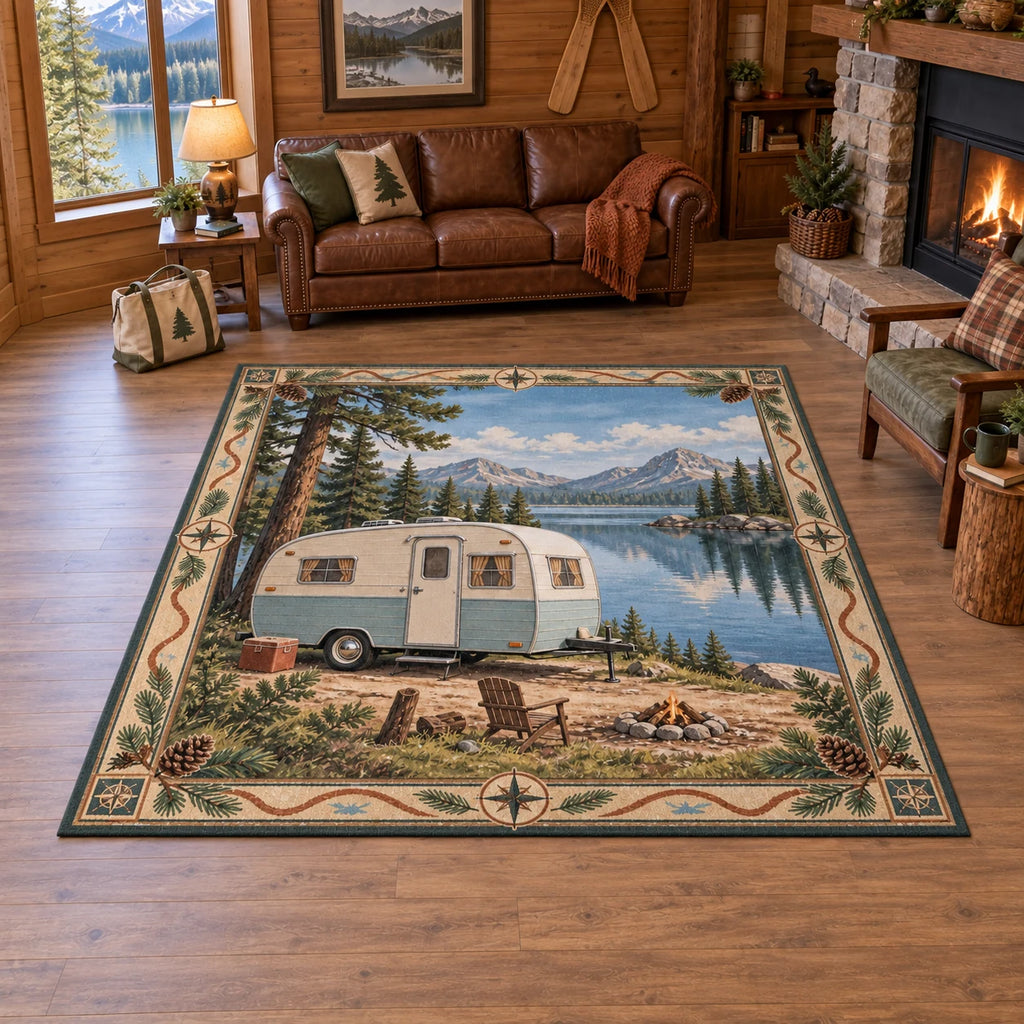 Retro Camper Lakeside Stop Area Rug with a cream-and-blue travel trailer beside a reflected lake, pine framing and an outdoor-themed indoor setting.