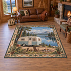 Retro Camper Lakeside Stop Area Rug with a cream-and-blue travel trailer beside a reflected lake, pine framing and an outdoor-themed indoor setting.