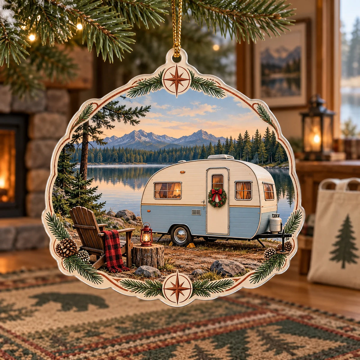 Retro Camper Lakeside Stop Christmas Ornament with a cream-and-blue travel trailer beside a reflected lake, pine framing and an outdoor-themed indoor setting.