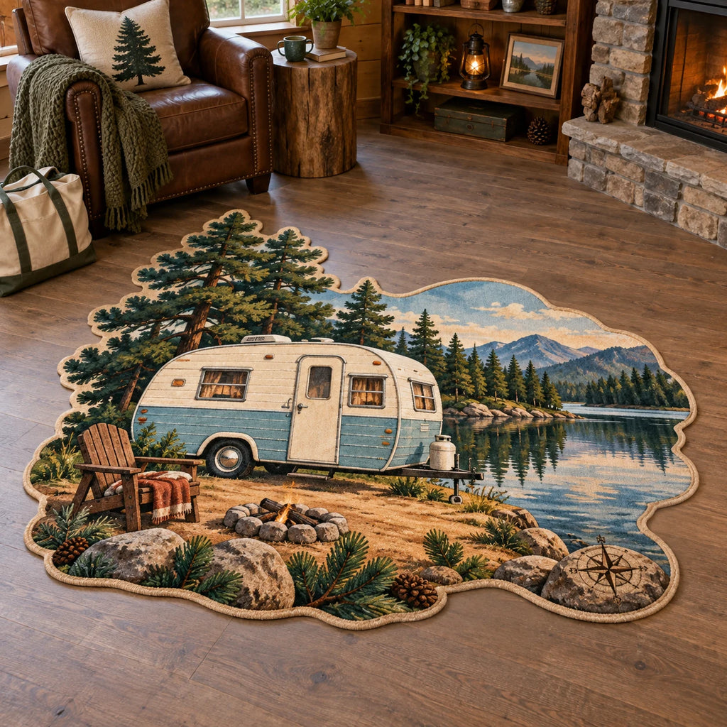 Retro Camper Lakeside Stop Custom Shape Area Rug with printed depth and a matching pine and compass border in a camping-inspired room