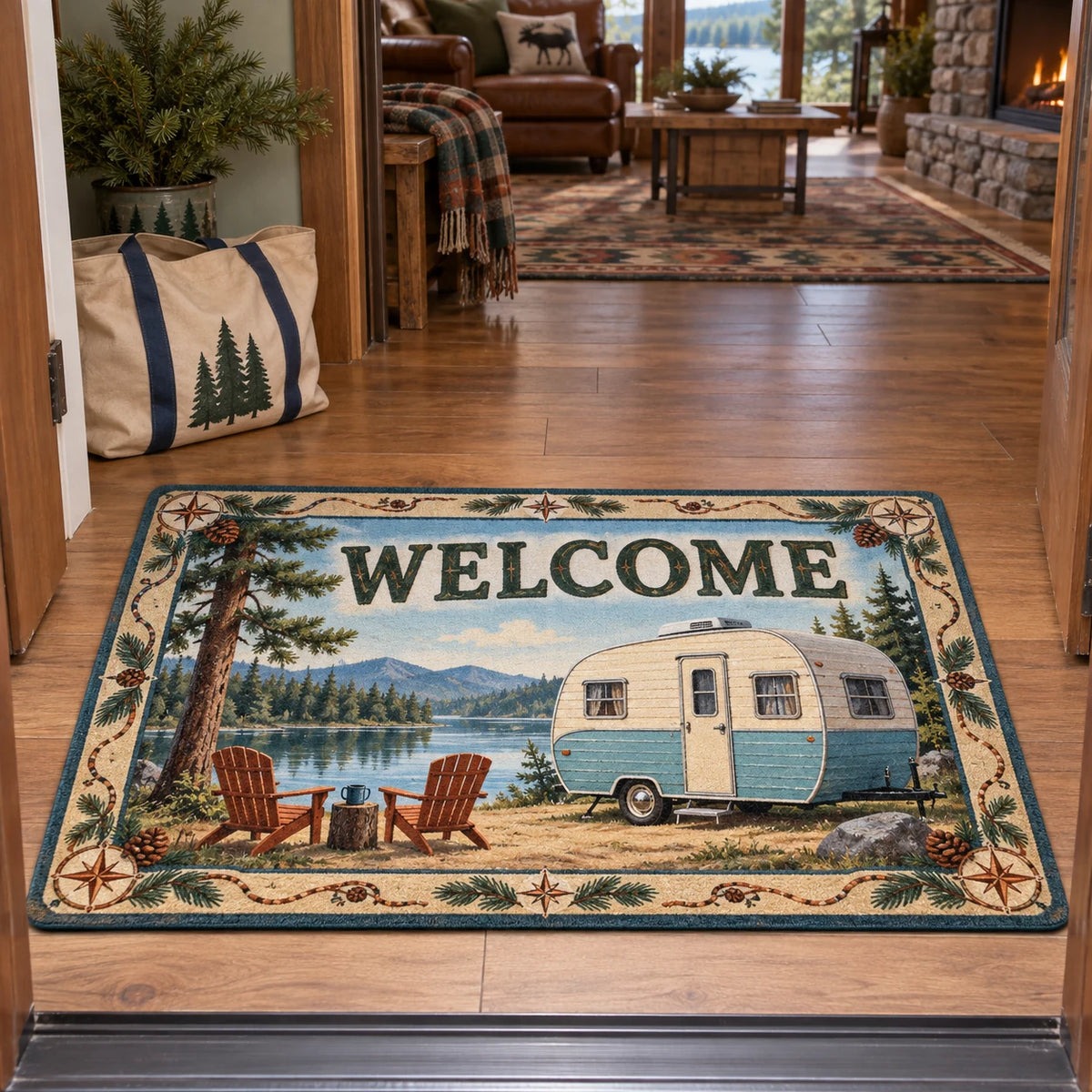 Retro Camper Lakeside Stop Doormat with printed depth and a matching pine and compass border in a camping-inspired room
