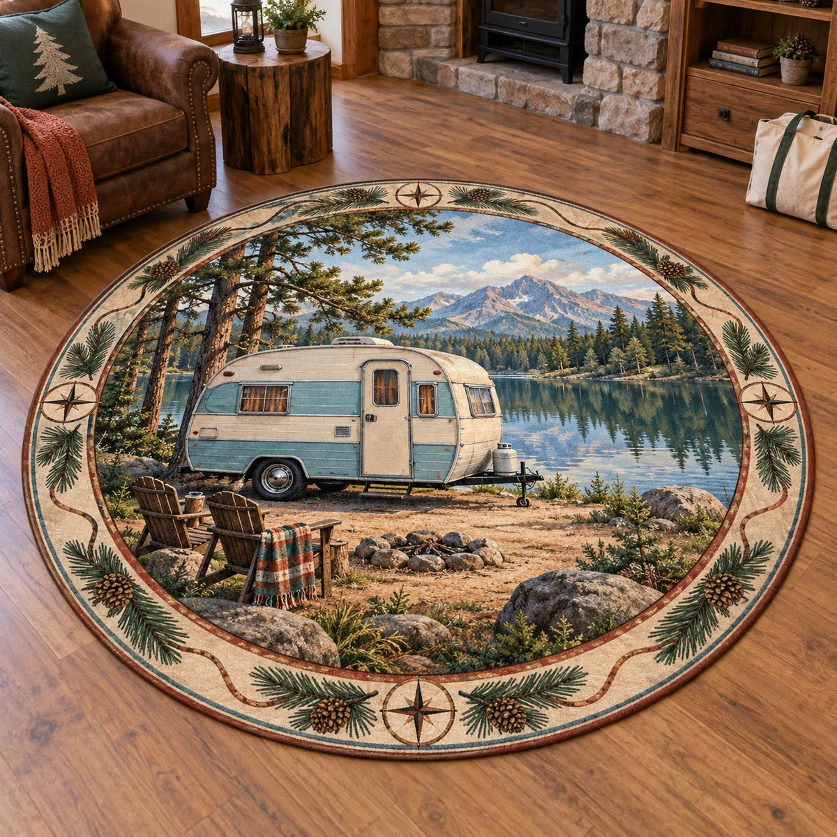Retro Camper Lakeside Stop Round Mat Rug with a cream-and-blue travel trailer beside a reflected lake, pine framing and an outdoor-themed indoor setting.