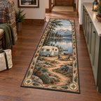 Retro Camper Lakeside Stop Runner Rug with a cream-and-blue travel trailer beside a reflected lake, pine framing and an outdoor-themed indoor setting.