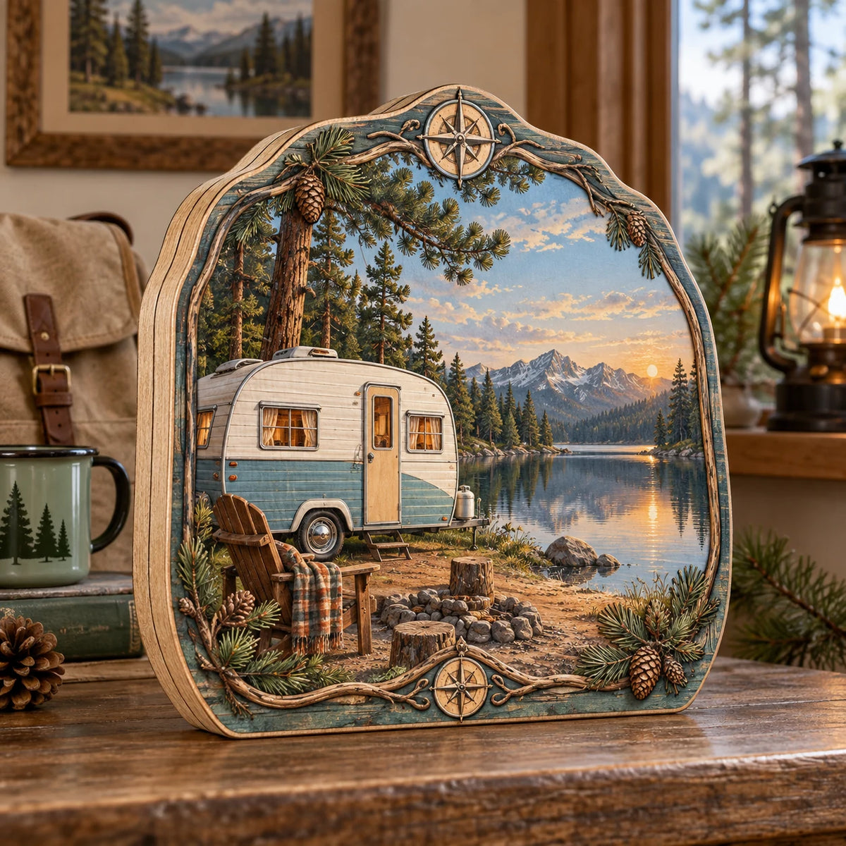 Retro Camper Lakeside Stop Wooden Block 3 Layer with printed depth and a matching pine and compass border in a camping-inspired room