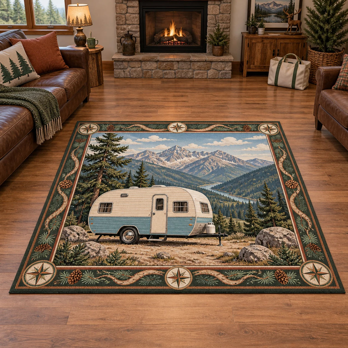 Cream-and-blue retro camper beneath mountain ridges printed on a area rug in an outdoor-themed indoor room.