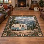 Cream-and-blue retro camper beneath mountain ridges printed on a area rug in an outdoor-themed indoor room.