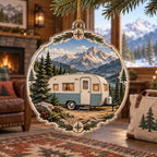 Cream-and-blue retro camper beneath mountain ridges printed on a christmas ornament in an outdoor-themed indoor room.