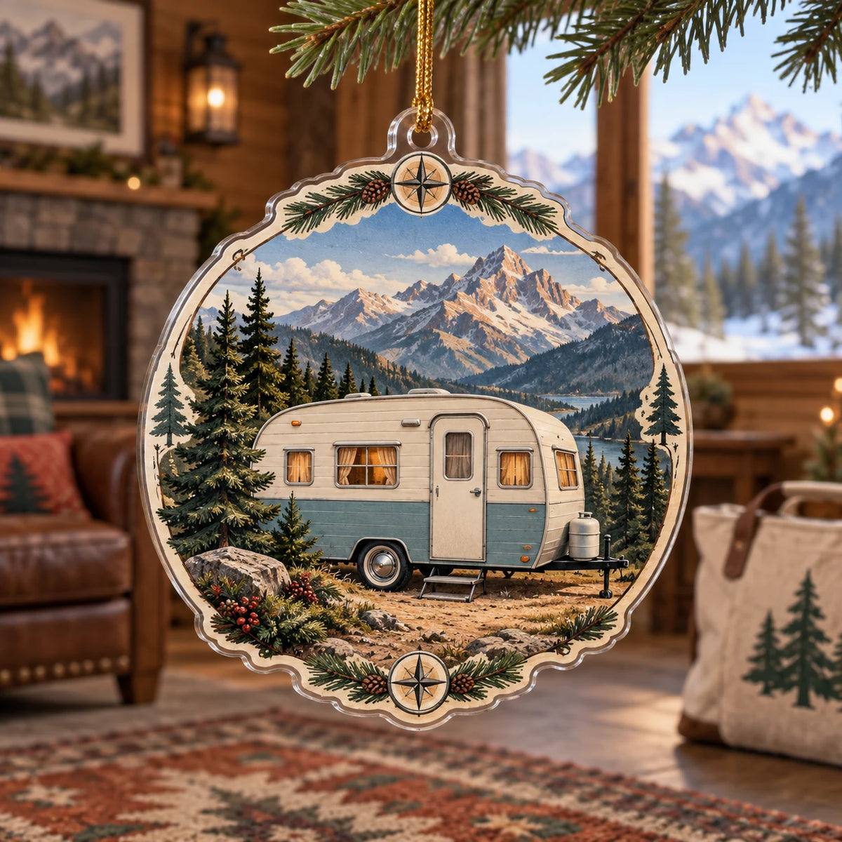 Cream-and-blue retro camper beneath mountain ridges printed on a christmas ornament in an outdoor-themed indoor room.