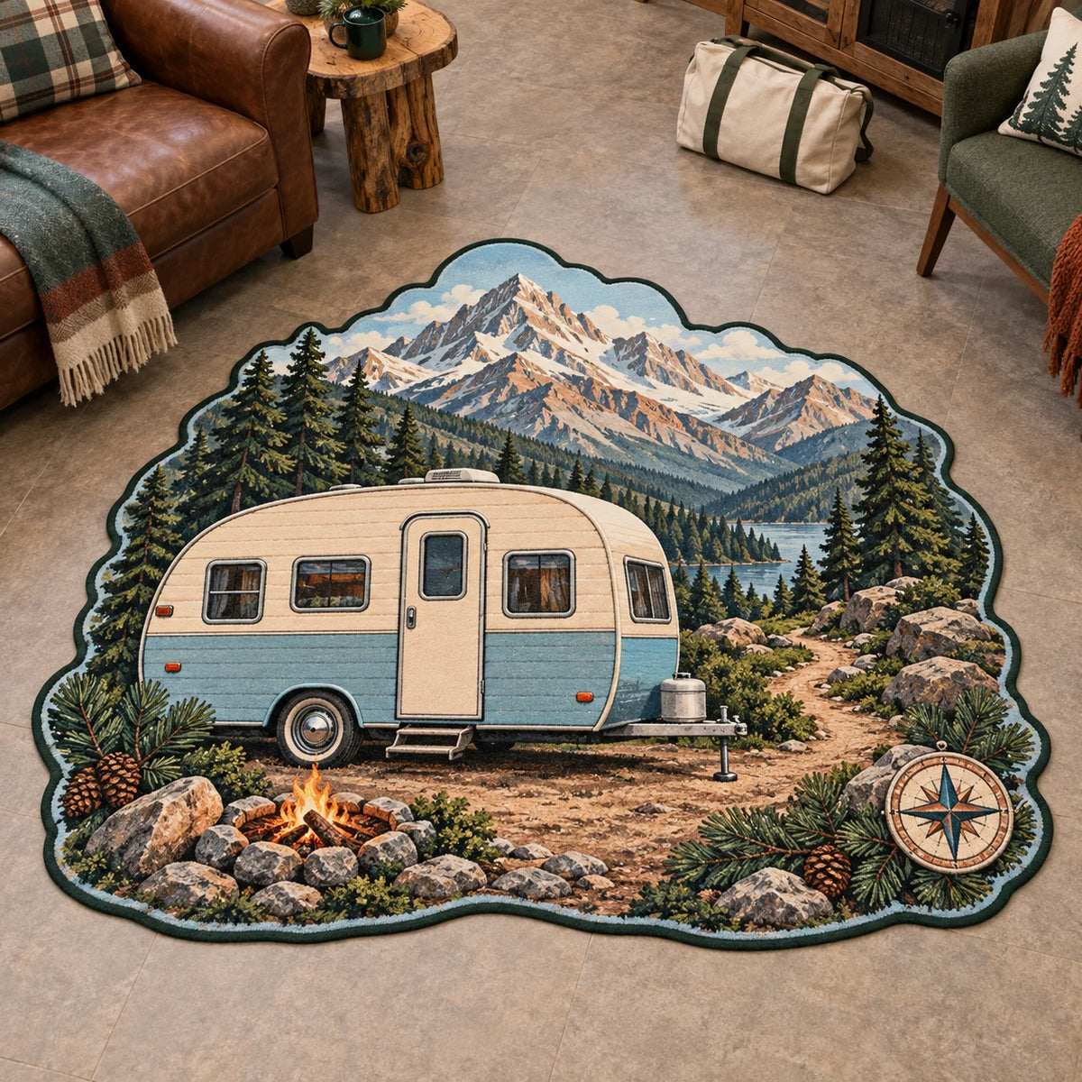 Cream-and-blue retro camper beneath mountain ridges printed on a custom shape area rug in an outdoor-themed indoor room.