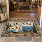 Cream-and-blue retro camper beneath mountain ridges printed on a doormat in an outdoor-themed indoor room.