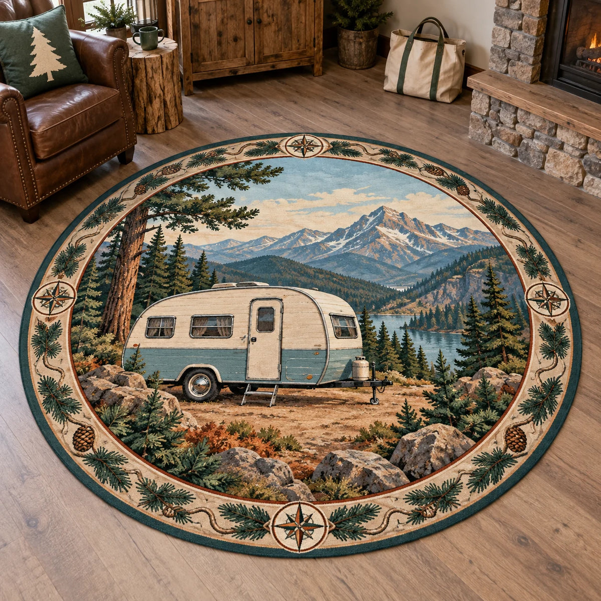 Cream-and-blue retro camper beneath mountain ridges printed on a round mat rug in an outdoor-themed indoor room.