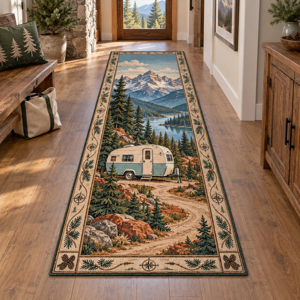 Cream-and-blue retro camper beneath mountain ridges printed on a runner rug in an outdoor-themed indoor room.