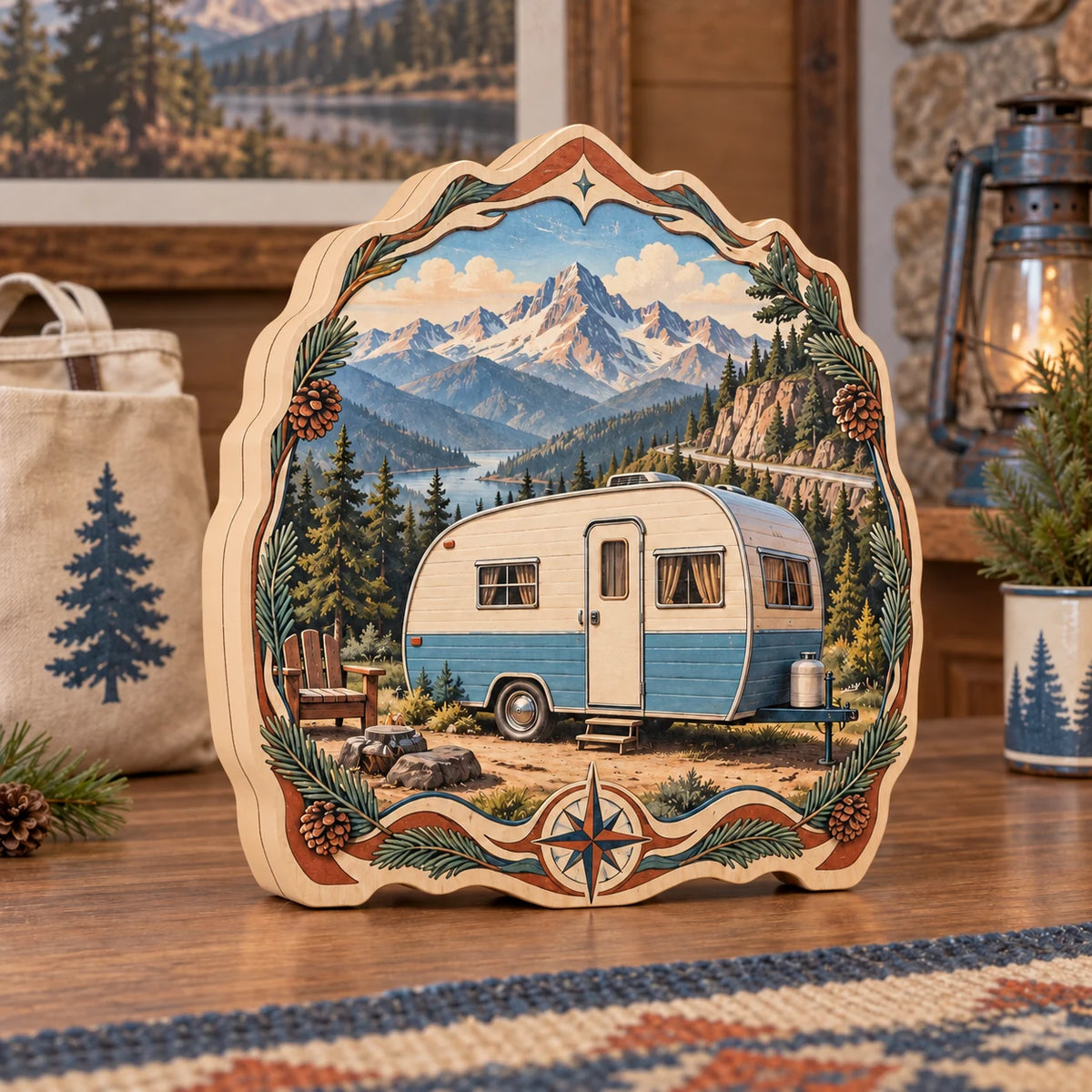 Three-layer wooden block with a cream-and-blue camper, mountain scenery and printed pine and compass frame.